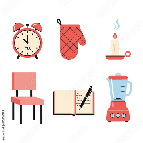 Minimalist morning routine illustration featuring diverse objects and simple color palette to