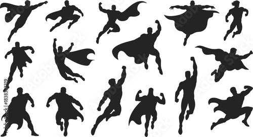 Superhero silhouette icon set, flying action poses, muscular hero graphics, cape character illustration, comic strength symbol design