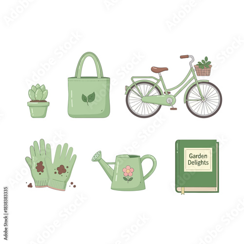 Pastel green gardening vector illustration set featuring bicycle, tools and flower book
