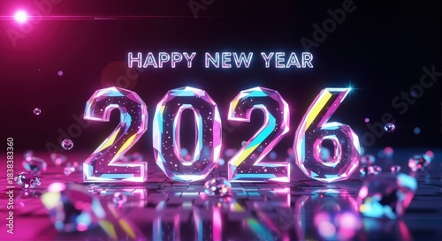 Futuristic Happy New Year 2026 celebration. 3D crystal numbers and neon text on a dark, reflective background