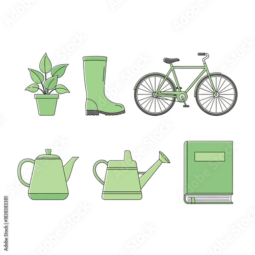 Minimalist green gardening elements vector illustration for spring season design and decoration