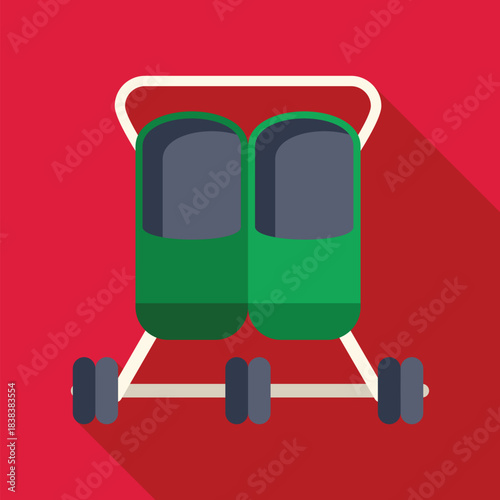 Flat design icon of a green double stroller on a red background with long shadow