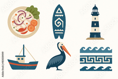 Peruvian coastal culture vector icons in torn textured grid on white background