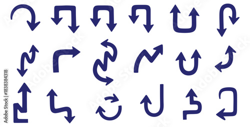 Collection of eighteen unique hand drawn dark blue directional arrows set against a white background