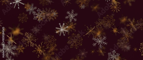 Elegant abstract background with falling gold and silver snowflakes on a dark burgundy background, perfect for winter an