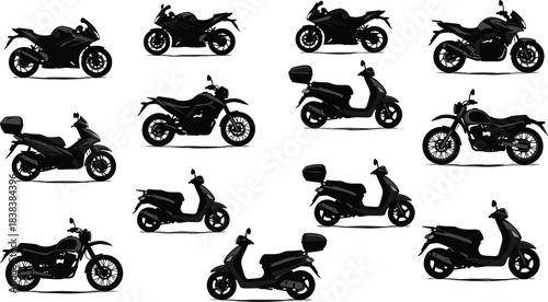 Motorcycle and Scooter Silhouette Vector Collection: Urban Transportation, Motorbike Racing, Moped Commuting, Adventure Bike, and Sports Bike Vehicle Icons Set