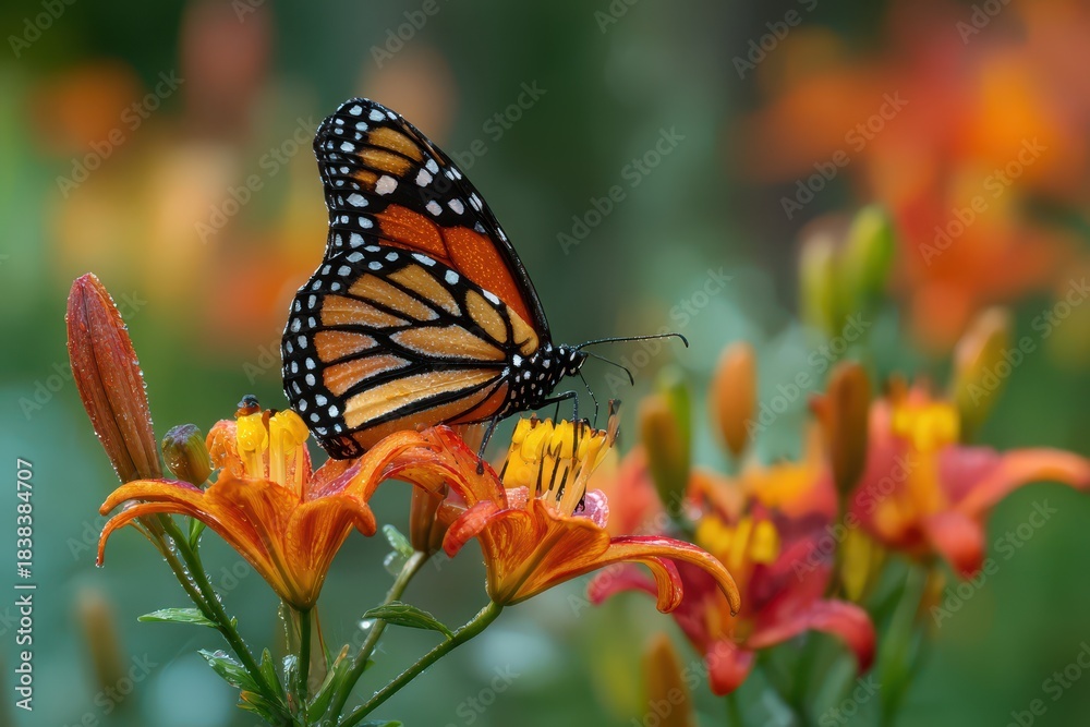 Fototapeta premium Vivid monarch butterfly on nectar, petals of wildflowers and lilies in a sunlit garden bed of perennials