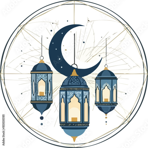 Stylized illustration of a crescent moon hanging above three ornate blue lanterns within a circle