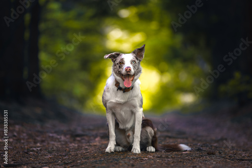 Red Merle Border Collie Sitting on Forest Path with Soft Bokeh