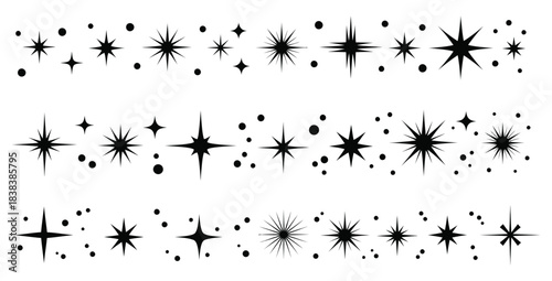 Collection of black and white mid century modern starburst and sparkle design elements for decoration