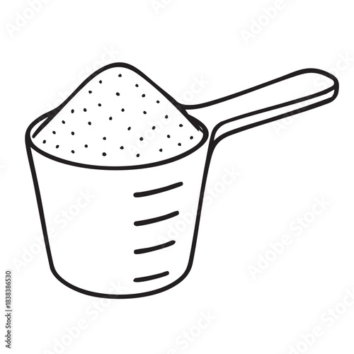 A simple black and white illustration depicting a measuring scoop filled with granular substance high quality
