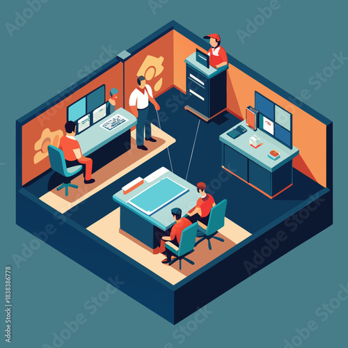 Isometric view of a modern office with people working at computers and desks