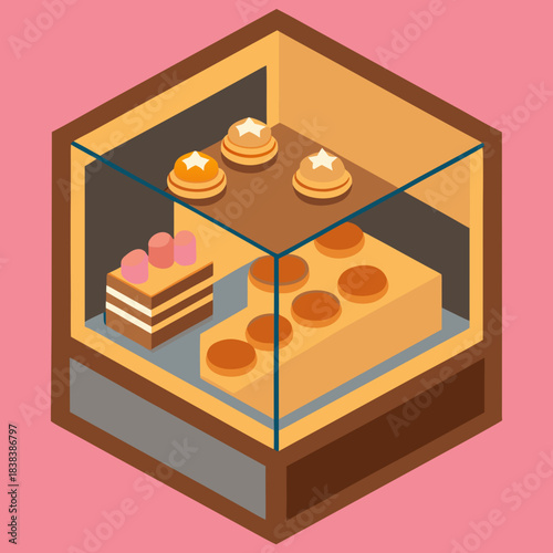 Isometric display case filled with delicious cakes and pastries in a sweet shop