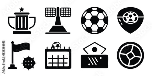 Set of solid black silhouette icons for soccer tournament, glyph style vector symbols including trophy, ball, stadium and player isolated on white background.