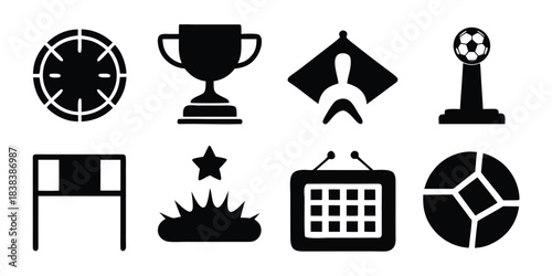 Set of solid black silhouette icons for soccer tournament, glyph style vector symbols including trophy, ball, stadium and player isolated on white background.