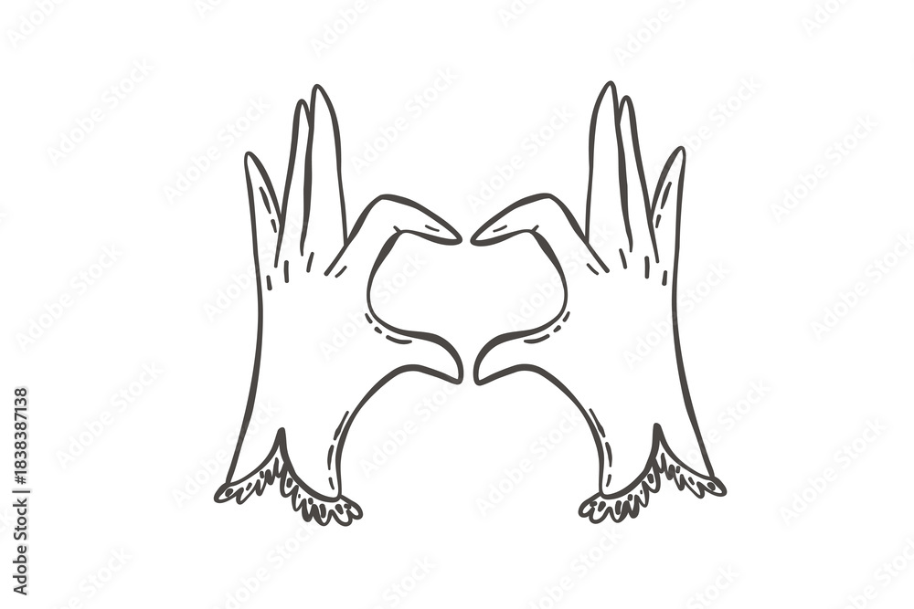 Fototapeta premium Whimsical doodle hands forming playful heart signs. Valentine doodle heart sign line illustration.