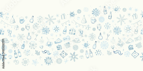 Festive holiday pattern with winter elements like snowflakes and celebratory bottles