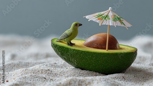 Green bird perched on half avocado with a small umbrella, resting on sandy surface, creating a whimsical beach scene, symbolizing relaxation and summer vibes
