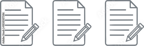 Set of three gray document icons with pencil overlays representing writing, editing, and note-taking tasks for vector interface design.