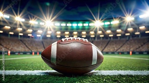 American football resting on the field under stadium lights at night