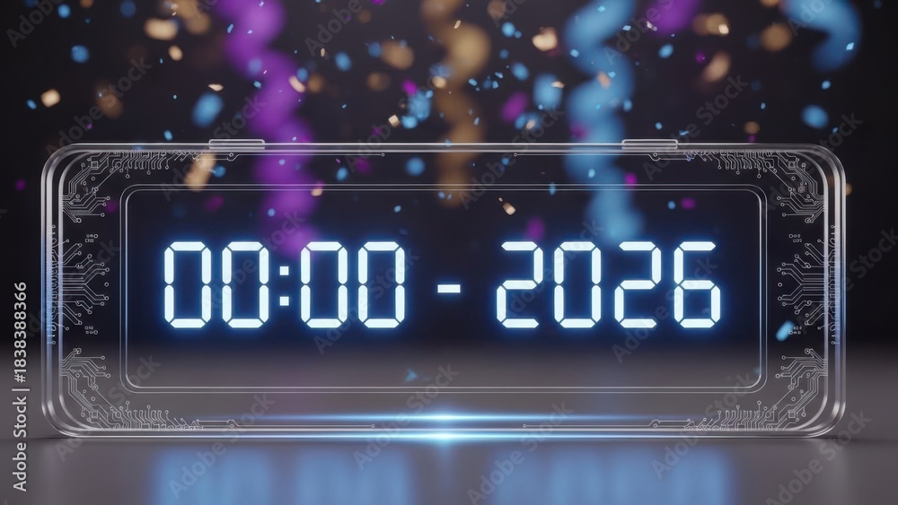 Fototapeta premium Digital clock displays midnight welcoming the new year 2026