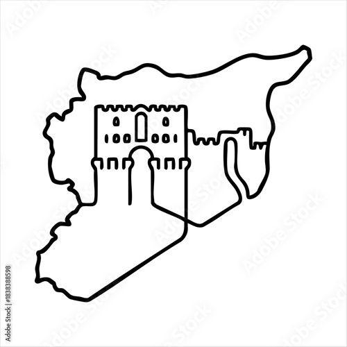 Vector graphic of a broken classical column integrated into the map of Syria. Editable monoline logo symbolizing destroyed heritage, earthquake damage, or the consequences of war. Ideal for news