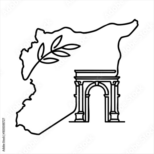 Vector drawing of the iconic entrance gate of the Citadel of Aleppo formed by the Syrian map outline. Editable monoline illustration representing strength, defense, and UNESCO world heritage. Suitable