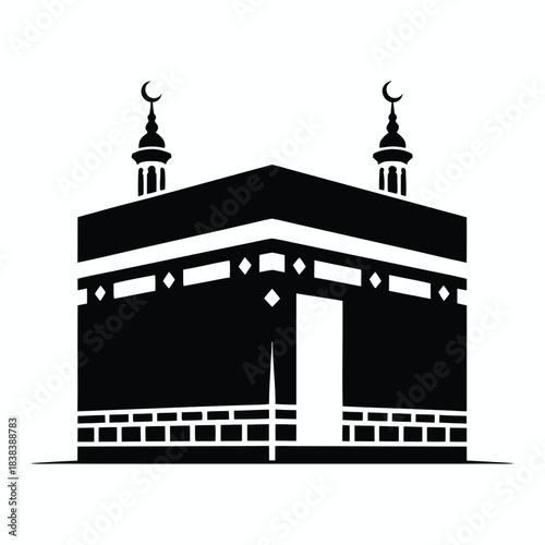 Kaaba icon, mecca building silhouette, islam holy place, hajj pilgrimage symbol, black and white graphic design