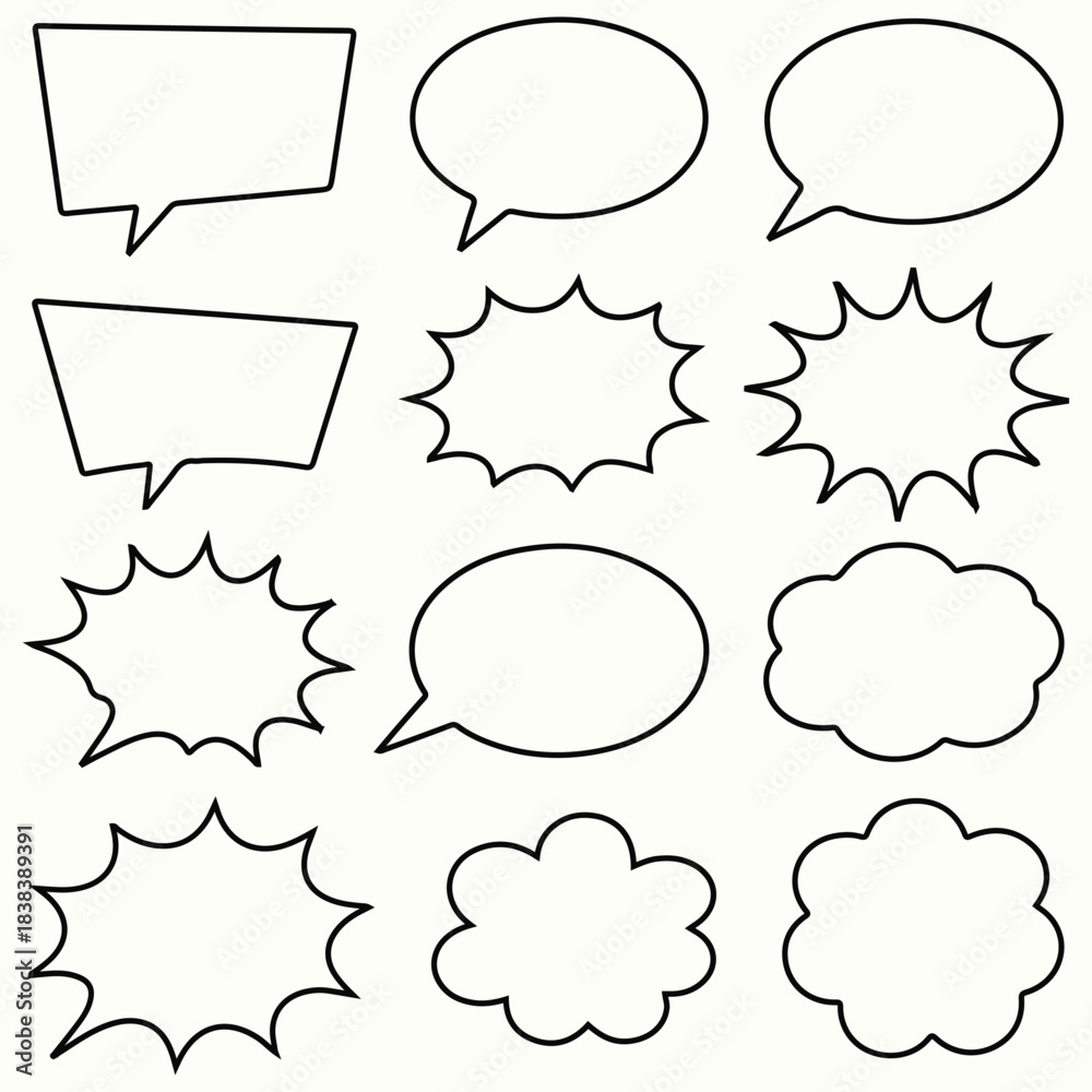 Obraz premium Collection of handdrawn speech bubbles and comic book style callout shapes outline set