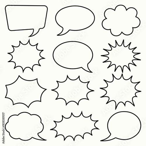 Collection of handdrawn speech bubbles and comic book style callouts outline set