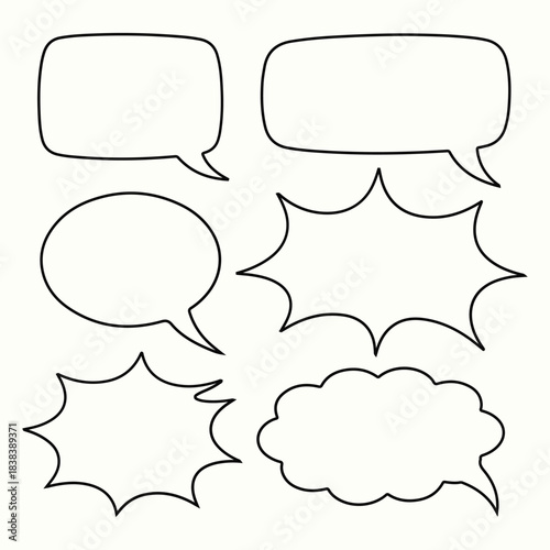Set of six handdrawn speech bubbles and comic book style callout shapes outline collection