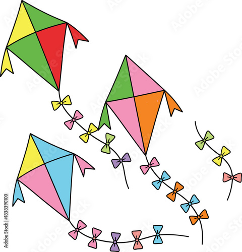 Three colorful geometric kites flying high in the air, each with long ribbons decorated with small bows, illustrating outdoor fun, games, and spring leisure.