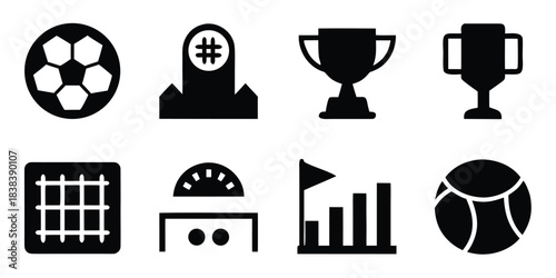 Set of solid black silhouette icons for soccer tournament, glyph style vector symbols including trophy, ball, stadium and player isolated on white background.