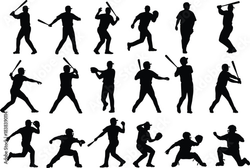 Baseball player icon set, black silhouette figures in dynamic sports poses for athletic design, cad drawing flat vector illustration