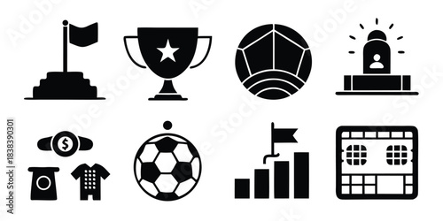 Set of solid black silhouette icons for soccer tournament, glyph style vector symbols including trophy, ball, stadium and player isolated on white background.