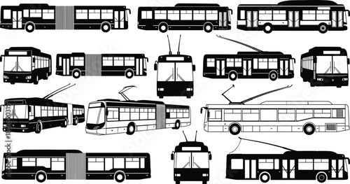 Bus and trolleybus icon set, black silhouette public transport vehicles in various styles and views, cad drawing flat vector illustration