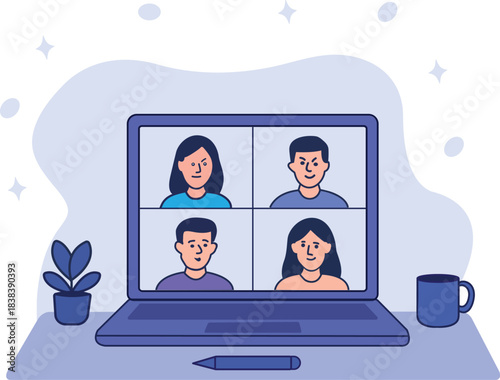 Remote Team Video Conference on Laptop – Online Meeting Illustration