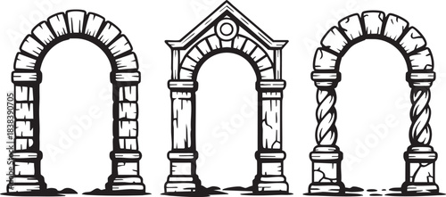 Stone arch frame set, hand drawn fantasy portal doorway, ancient medieval gate ruin ink illustration. Architecture facade archway, old rock column entrance exterior. Engraved stone castle arch clipart
