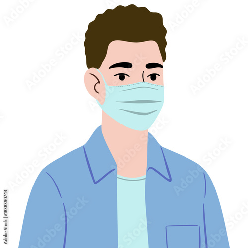 A man wearing medical face mask, protects himself from virus, pollution in air. Health care for protection and preventing spread.