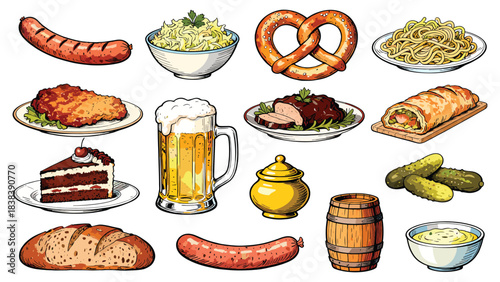 German food and drink. Traditional bavarian cuisine. Sausage, pretzel, beer, bread, cake. Vector illustration on white background.