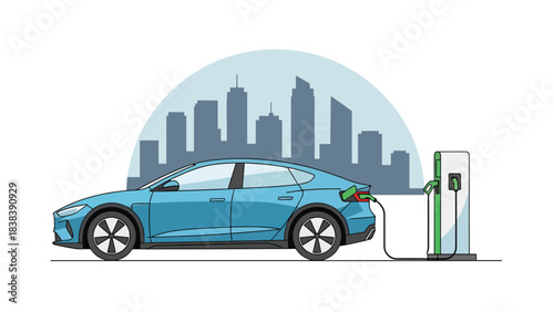 Flat illustration of a modern electric car charging at a station in a smart eco city. Perfect for topics about future mobility, green energy, and modern clean transportation
