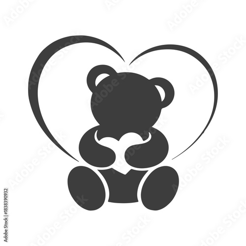 Cute teddy bear silhouette holding a heart, simple graphic design for love, affection, and childrens themes