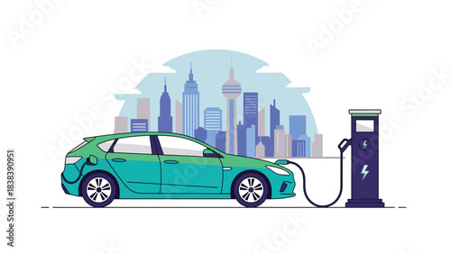 Flat illustration of a modern electric car charging at a station in a smart eco city. Perfect for topics about future mobility, green energy, and modern clean transportation