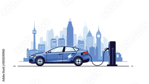 Flat illustration of a modern electric car charging at a station in a smart eco city. Perfect for topics about future mobility, green energy, and modern clean transportation