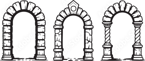 Stone arch frame set, hand drawn fantasy portal doorway, ancient medieval gate ruin ink illustration. Architecture facade archway, old rock column entrance exterior. Engraved stone castle arch clipart