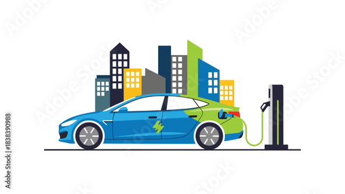 Flat illustration of a modern electric car charging at a station in a smart eco city. Perfect for topics about future mobility, green energy, and modern clean transportation