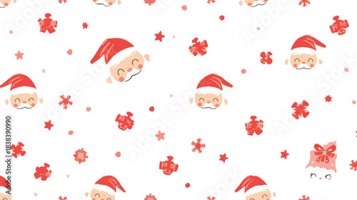A festive holiday pattern featuring cartoon Santa Claus faces, red stars, and bows on a white background. Perfect for Christmas decorations, gift wrapping, and festive greeting cards.