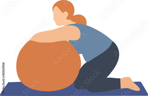 A pregnant woman kneels on a yoga mat while gently leaning forward over a large exercise ball in a relaxed prenatal stretch.
