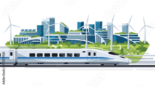 Modern flat illustration of a high-speed bullet train passing through a smart eco city. Great for travel, railway systems, future transport, and fast mobility concepts