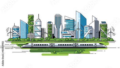 Modern flat illustration of a high-speed bullet train passing through a smart eco city. Great for travel, railway systems, future transport, and fast mobility concepts